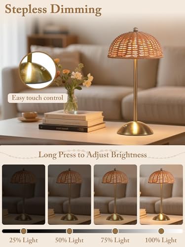 Cordless Table Lamp, Rattan Boho Desk Lamps, Small Wicker Night Light