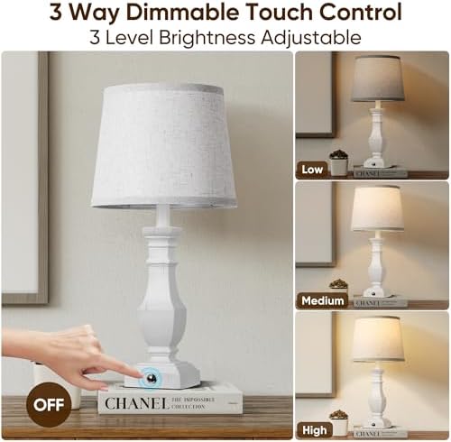 ROTTOGOON Dimmable Table Lamps Set of 2, Rustic Farmhouse Table Lamps for Living Room Bedroom, Bedside Desk Lamps for end Tables, Touch Lamps for nightstand, 9W Bulbs Included, 22", White