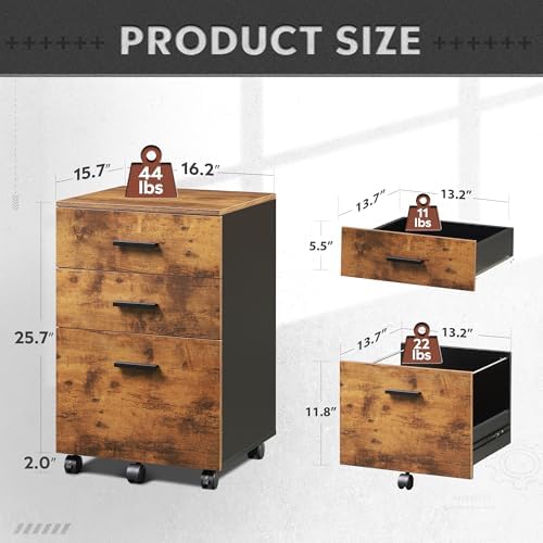 DEVAISE 3 Drawer Wood File Cabinet, Under Desk Filing Cabinet, Rustic Brown