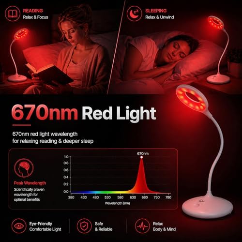 Desk Lamp with 670nm Red Light Therapy for Reading Sleep Bedroom