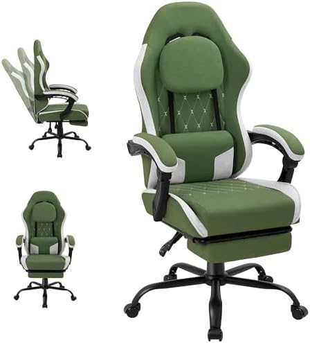 Shintenchi Gaming Chair, Ergonomic Office Chair with Footrest, Lumbar Support and Linkage Armrests, Swive Home Video Game Chairs for Adults, Green