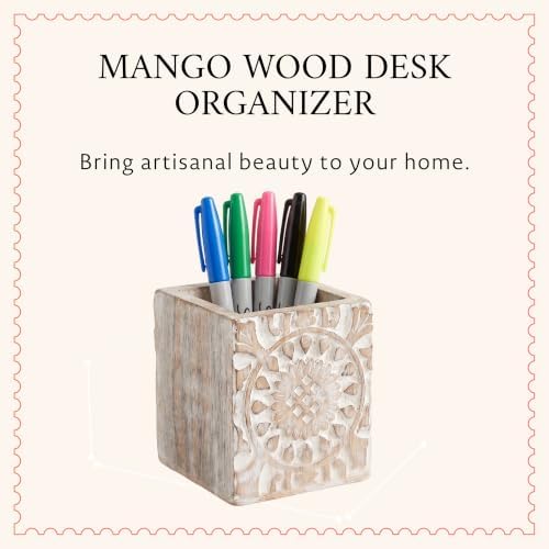 Mela Artisans Serena Mango Wood Pen Holder - Whitewash, 4x3.5 in