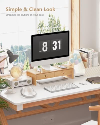 Ufine Bamboo Monitor Stand with 2 Drawers & Keyboard Storage