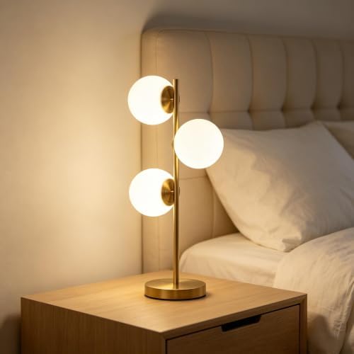 Mid Century Modern 3-Light Table Lamp, Gold Glass Globe Nightstand Light with 3 Color Temperatures, LED Bedside Lamp for Bedroom Living Room Office
