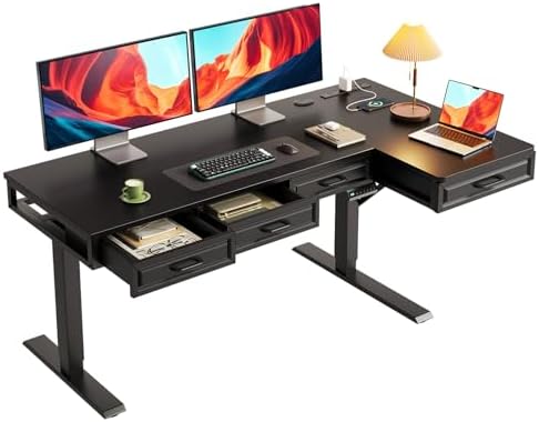 OffiGo 55 Inch L Shaped Standing Desk with 4 Wooden Drawers, Black