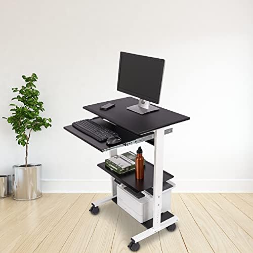 Stand Up Desk Store Mobile Rolling Adjustable Height Standing Workstation with Printer Shelf and Slideout Keyboard Tray (White Frame/Black Top, 30" Wide)