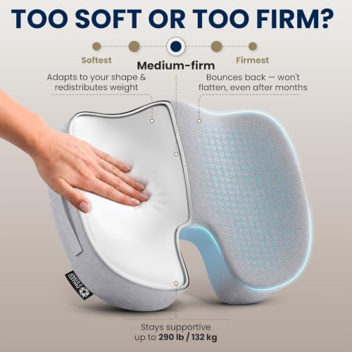 5 STARS UNITED Seat Cushion - Memory Foam Chair Cushion for Tailbone Pain Relief - Ergonomic Support for Coccyx, Sciatica & Butt - Office, Desk & Gaming Chair, Car Seat, Wheelchair, Airplane, L Gray