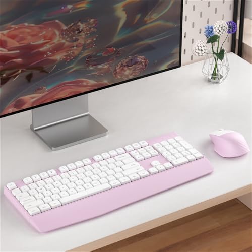 Ergonomic Wireless Keyboard and Mouse Combo with Wrist Rest (White Pink)