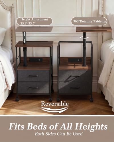 Faesun Night Stand with Charging Station & Swivel Top, Walnut Gray