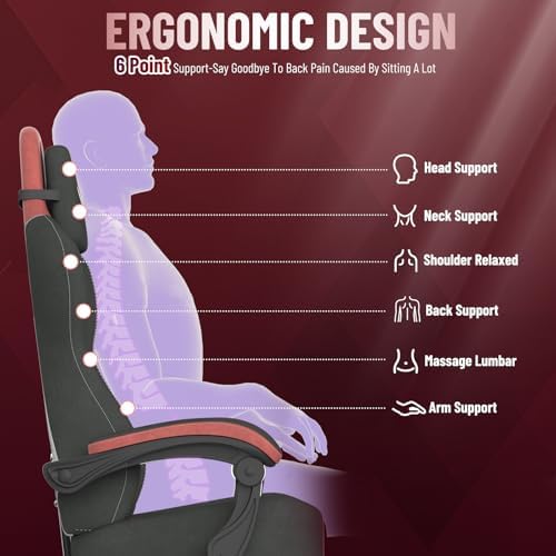 Ferghana Velvet Fabric Gaming Chair – Wider Seat Cushion, Diamond Double-Stitching, Ergonomic High Back with Footrest, Computer Gamer Chair Featuring Massage Lumbar Support for Adults (Black/Red)