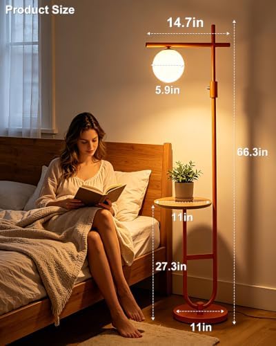 Lightdot Orange Floor Lamp with Table, 66IN Dimmable Corner Reading Lamp