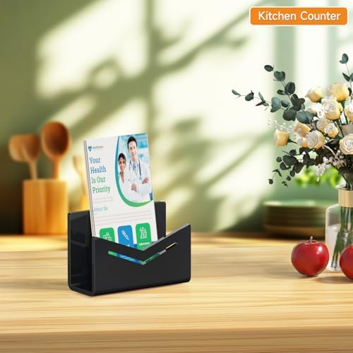 Beego Envelope and Mail Organizer Countertop - Black Acrylic Desk Organizer Letter Holder Desktop File Sorter Bill Document Folder Rack for Office, Home, School Desk Organization