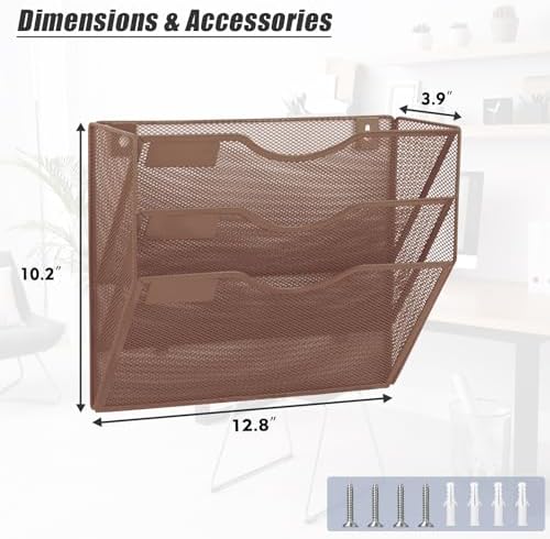 EASEPRES 3 Pocket Mesh Hanging Wall File Organizer, Wall Mounted Mail Paper Document Folder Holder, Clipboard Storage Organization Magazine Rack with Nametag Label for Office Home School, Brown