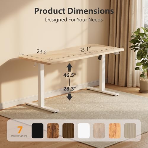 Cubiker Standing Desk, 55x24 Inches Sit Stand Home Office Desk, Electric Stand up Desk, Adjustable Desk with Splice Board, White Frame/Maple Top