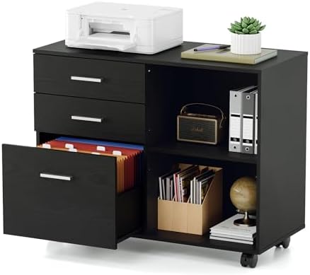 VINGLI 3 Drawer Wood Lateral File Cabinet with Adjustable Shelves & Locking Wheels, Printer Stand with Drawers for Letter Size Files, Sturdy Black File Cabinets for Home Office, Study & Business