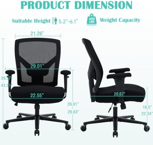 600lbs Big and Tall Office Chair with Wide Thick Seat Cushion for Heavy People Ergonomic Computer Mesh Desk Chairs with Memory Foam Seat, Adjustable Lumbar Support for Adults 8 Hours daliy Work