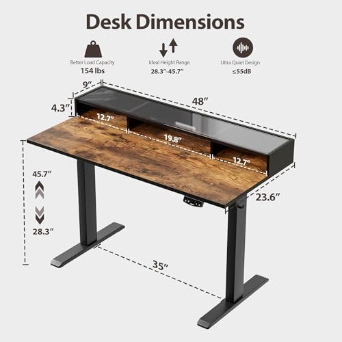Agilestic 48*24 Inch Electric Standing Desk with Glass Shelf, Rustic Brown