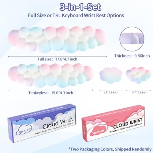 Sushret Cloud Wrist Rest Keyboard, Cloud Keyboard Wrist Pad Set with PU Leather Memory Foam, Cute Arm Rest for Palm Support, PC/Gaming Desk Accessories/Office Setup/Computer Hand Cushion - Rainbow