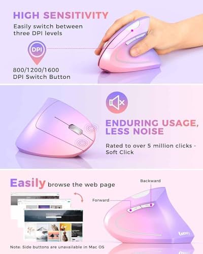 Lekvey Ergonomic Mouse, Vertical Wireless Mouse, Rechargeable, Pink Purple