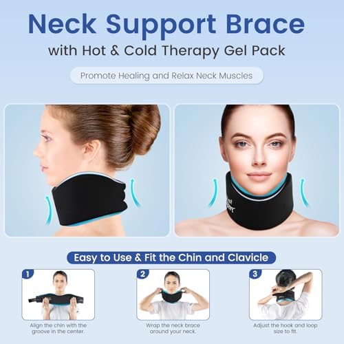 Soft Neck Brace with Hot and Cold Gel Pack – Adjustable Cervical Collar for Men & Women, Breathable Neck Support with Reusable Gel Ice Pack for Comfort at Home, Office & Travel, Blue