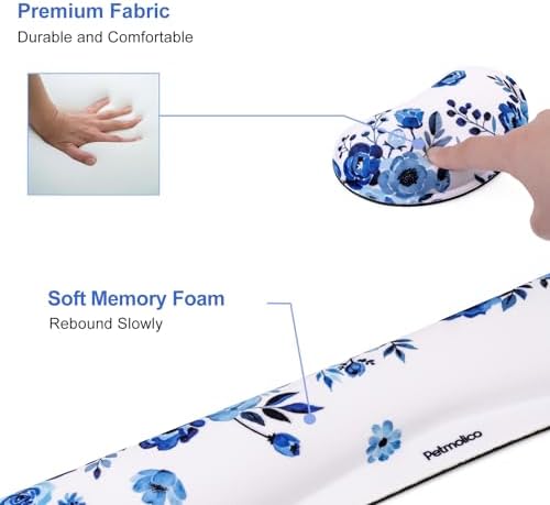 Petmolico Desk Pad Set with Wrist Rest for Keyboard & Mouse, Blue Flower