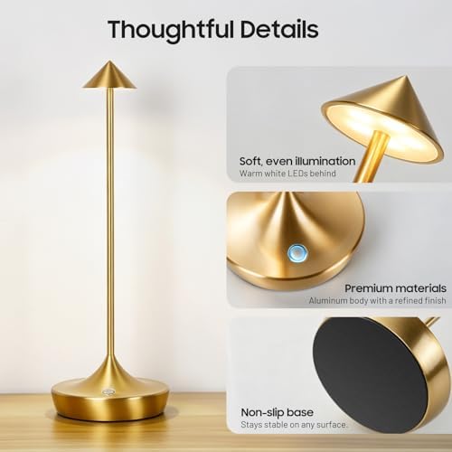 Cordless LED Table Lamp, Rechargeable, 3 Color Dimmable, Gold
