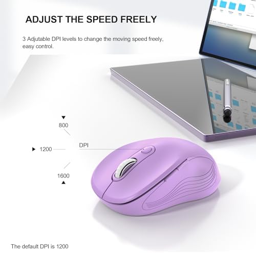 WisFox 2.4G Wireless Mouse for Laptop, Ergonomic Computer Mouse with USB Receiver and Type-C Adapter, 3 Adjustable Levels DPI, 6 Button Mice (Lilac)