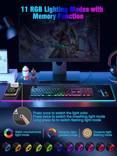 Mouse Pad with Magnetic Wireless Charging, Large Desk Pad Protector, RGB Black Desk Mat with 15W Fast Charger, Non-Slip Waterproof Mousepad for Office Home Gaming
