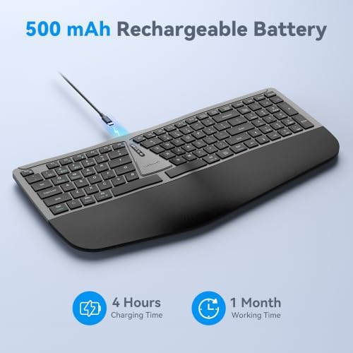 TECKNET Wireless Ergonomic Keyboard Rechargeable, 2.4G+Bluetooth Ergo Cordless USB Computer Keyboard, Wrist Rest, Natural Typing, Stain-Resistant Fabric, Compatible For Windows Computer Desktop Laptop