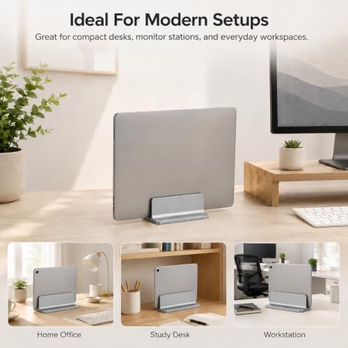 Vertical Laptop Stand Holder, Aluminum Adjustable Laptop Storage Rack, Space Saving Desktop Laptop Holder for MacBook, Surface, Samsung, HP, Dell up to 17.3 inches (Grey)