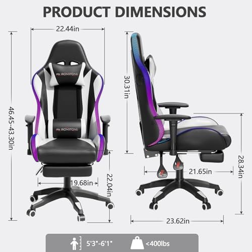 Mr IRONSTONE RGB Gaming Chair with Bluetooth Speakers, Multi-Point Vibration Massage Gaming Chair (Seat, Back & Lumbar), Ergonomic High Back Recliner, Footrest for Adults, Iridescent Black