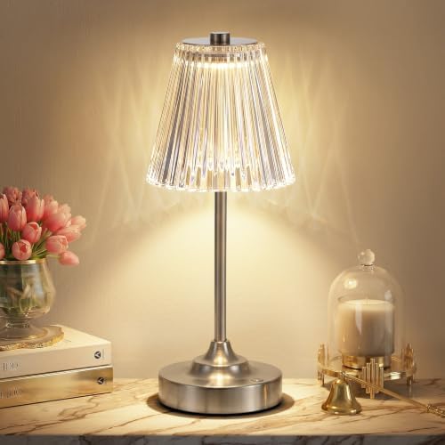 Silver Cordless Rechargeable Table Lamp, Touch Battery Powered Lamp, 3 Color Modes, Crystal Acrylic Lampshade, Portable Ambient Night Light for Desk, Bedroom, Living Room, Dining Room, Kitchen, Bar