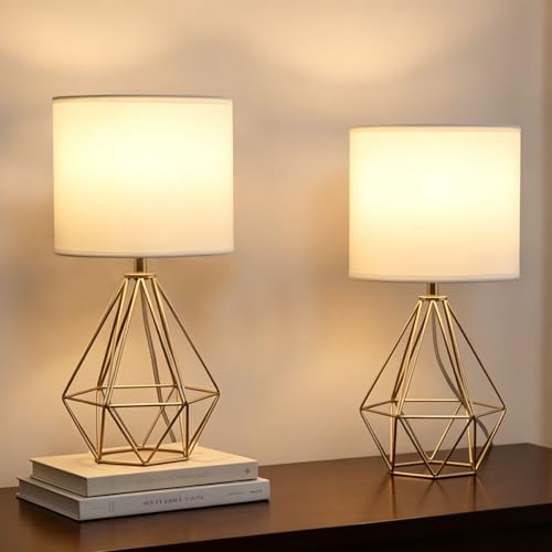 Small Gold Table Lamp Set of 2, Bedside Nightstand Lamps with White Shade, Hollow Metal Base, Modern Geometric Desk Lamp for Bedrooms, Living Room, Office