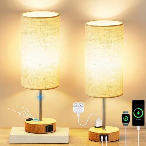 2PCS Table Lamp for Bedroom, Dimmable Touch, AC Outlet, USB A+C