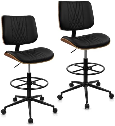CLATINA Drafting Chair for Standing Desk, PU Leather Armless Tall Office Chairs with Adjustable Footrest Ring, Extended Height Ergonomic High Swivel Computer Chair with Bend Wood Backrest, Black, 2PK