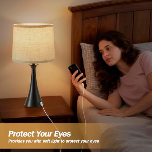 Touch Table Lamps Set of 2, 21" Bedside Lamps with USB C+A, Black