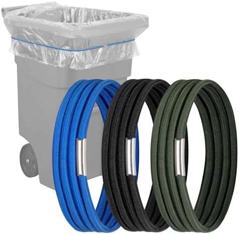 Large Rubber Bands Set of 3, Fits 55, 65, 96 Gallon Trash Cans, Trash Can Bands for Large Bags, Durable Kitchen Garbage Bag Straps, Heavy Duty Elastic Bands in Black, Blue and Olive Green