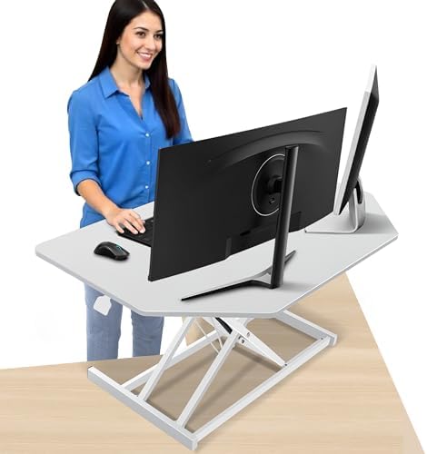 Aconcept 40 inch White Corner Height Adjustable Standing Desk Converter, One-Click Sit to Stand up Desk Riser, Pre-Assembled for Dual Monitor and Laptop Workstation