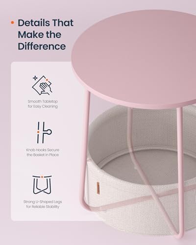 SONGMICS HOME Small Side Tables, Round End Tables, 2 Tier Nightstands with Basket, U Shaped Steel Legs, Easy Assembly, for Living Room, Bedroom, Set of 2, Pink and White