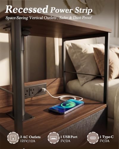 Faesun Night Stand with Charging Station & Swivel Top, Walnut Gray