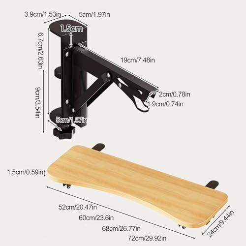 Natural,B52*24,Ergonomics Desk Extender Tray, Desktop Extender with 3/4 stand, 30"x9.4" Clamp on Table Mount Arm Wrist Rest Shelf, Small Table Edge Extender Tray, 90° Foldable Computer Arm Rest for De