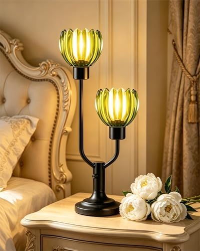 Vintage Green Glass Flower Table Lamp Dimmable 2 Bulbs Included