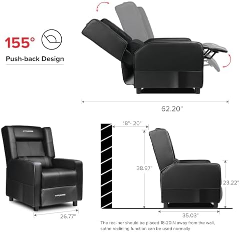 GTRACING Gaming Recliner Chair for Living Room Racing Style Single PU Leather Gaming Sofa for Adults Modern Game Recliners Ergonomic Comfortable Home Theater Seating, Black
