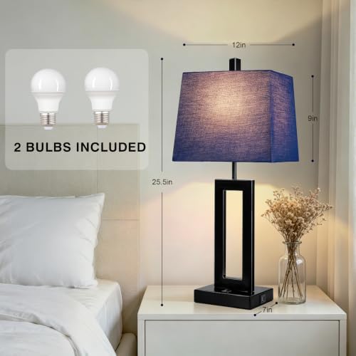 Cinkeda Blue Bedside Table Lamp Set of 2, Nightstand Lamps with USB Ports