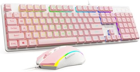 Redragon Updated S107WP Gaming Keyboard and Mouse, RGB Gaming Keyboard and 10000 DPI Mouse Combo with 25-Key Anti-Ghosting, 1K Hz Programmable Mice with Software, Plug & Play to PC, Laptop - Pink