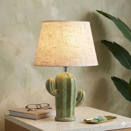 Cactus Lamp, Cute Modern Desk Lamp with Beige Linen Fabric Lampshade & Ceramic Base, Adorable Night Light for Bedroom Nightstand