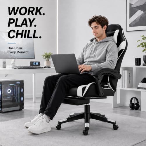 Gaming Chair with Massage Lumbar Support, 135° Reclining Computer Chair with Linked Armrests, Removable Headrest and Lumbar Pillow, Height Adjustable Swivel Racing Style Office Chair for Adult