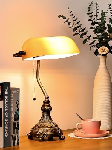 Vintage Amber Glass Bankers Desk Lamp,LED Bulb Included