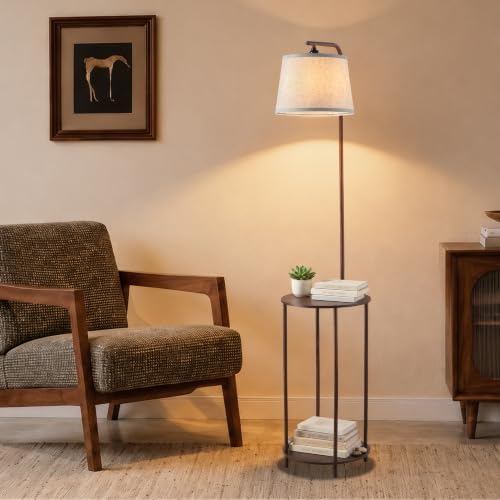 Floor Lamp with Table, 2-in-1 Side Table Floor Lamp with Linen Shade