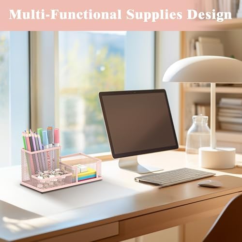SUPEASY Mesh Pen Holder Desk Organizer, Office Supplies Pencil Storage with 3 Compartments, Office Desk Accessories and Workspace Organizers for Home School Classroom, Pink